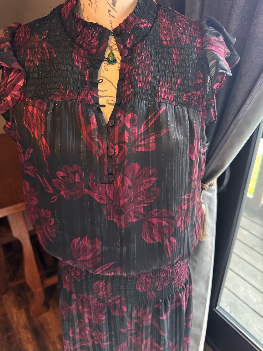 White House Black Market Black Midi Dress with Magenta Floral Print - Picture 3 of 14